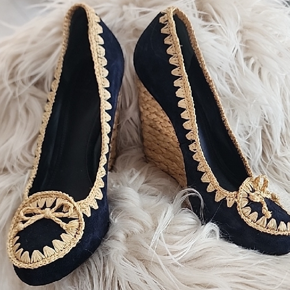 Tory Burch Black and Gold Wedge Heels